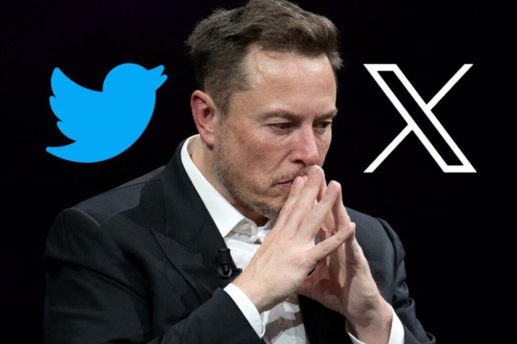 Elon Musk com um fundo preto ao lado do logo do Twitter e da X