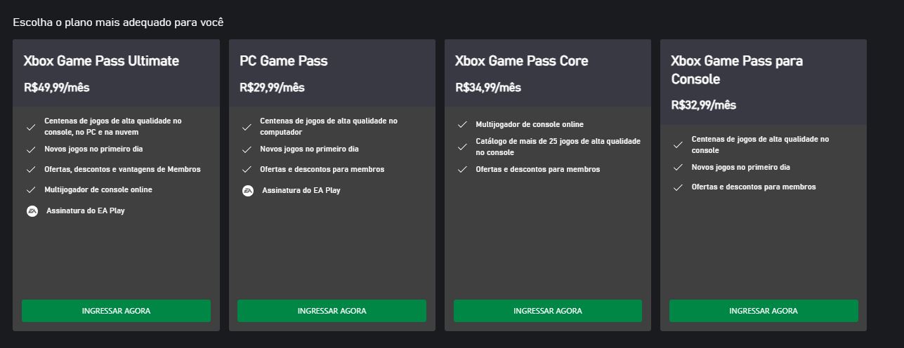 lista de planos de assinatura disponíveis para o XBox